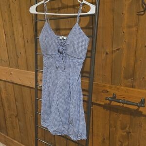 Blue Gingham Women's Dress With Tie Front And Padding